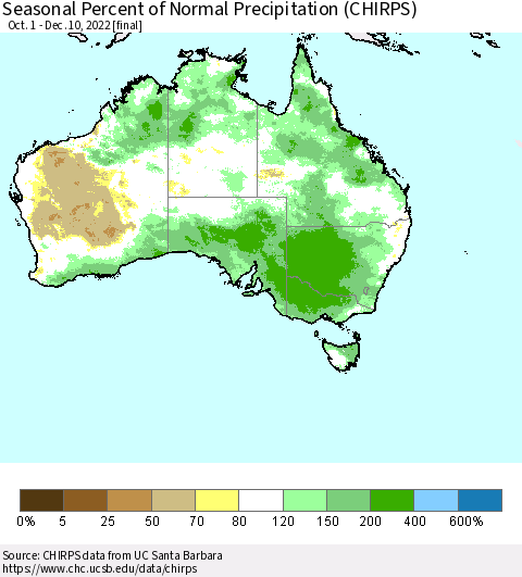 Australia Seasonal Percent of Normal Precipitation (CHIRPS) Thematic Map For 10/1/2022 - 12/10/2022