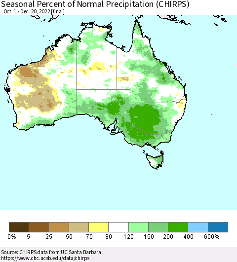 Australia Seasonal Percent of Normal Precipitation (CHIRPS) Thematic Map For 10/1/2022 - 12/20/2022