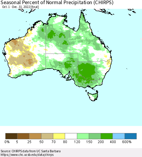 Australia Seasonal Percent of Normal Precipitation (CHIRPS) Thematic Map For 10/1/2022 - 12/31/2022