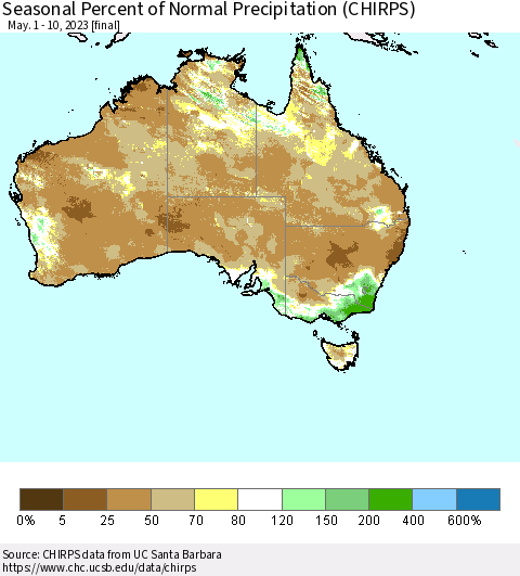 Australia Seasonal Percent of Normal Precipitation (CHIRPS) Thematic Map For 5/1/2023 - 5/10/2023