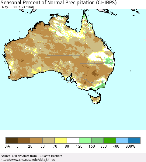 Australia Seasonal Percent of Normal Precipitation (CHIRPS) Thematic Map For 5/1/2023 - 5/20/2023