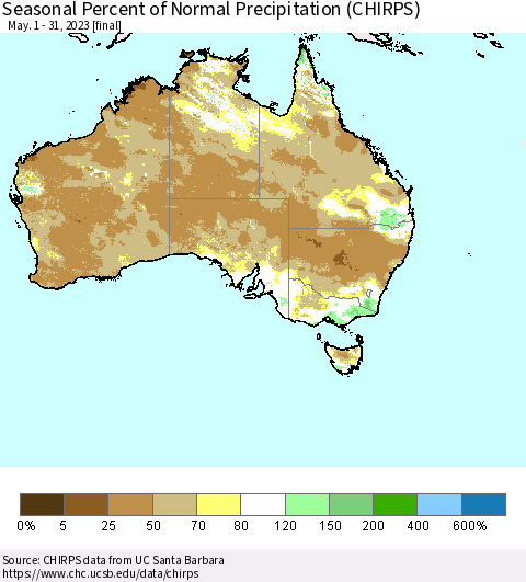 Australia Seasonal Percent of Normal Precipitation (CHIRPS) Thematic Map For 5/1/2023 - 5/31/2023