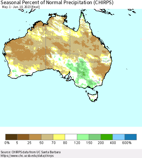 Australia Seasonal Percent of Normal Precipitation (CHIRPS) Thematic Map For 5/1/2023 - 6/10/2023