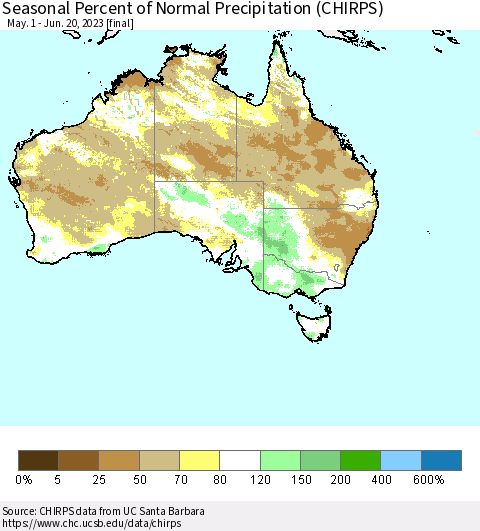 Australia Seasonal Percent of Normal Precipitation (CHIRPS) Thematic Map For 5/1/2023 - 6/20/2023