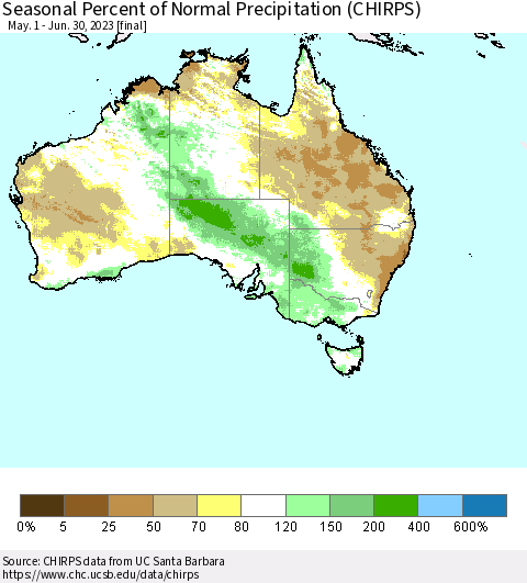 Australia Seasonal Percent of Normal Precipitation (CHIRPS) Thematic Map For 5/1/2023 - 6/30/2023
