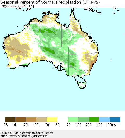 Australia Seasonal Percent of Normal Precipitation (CHIRPS) Thematic Map For 5/1/2023 - 7/10/2023