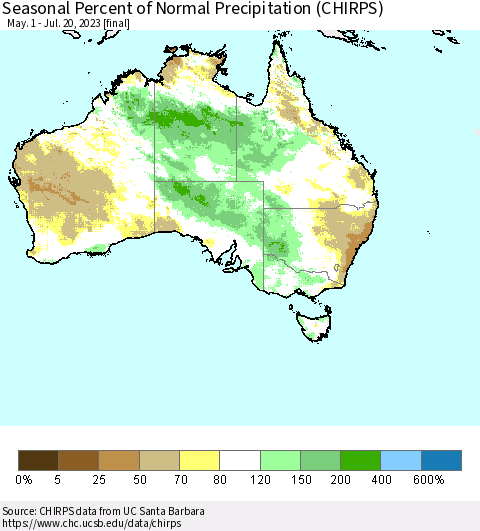Australia Seasonal Percent of Normal Precipitation (CHIRPS) Thematic Map For 5/1/2023 - 7/20/2023