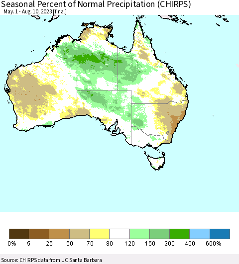 Australia Seasonal Percent of Normal Precipitation (CHIRPS) Thematic Map For 5/1/2023 - 8/10/2023
