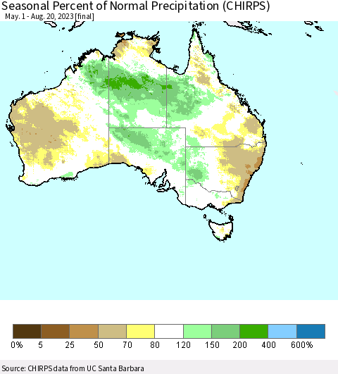 Australia Seasonal Percent of Normal Precipitation (CHIRPS) Thematic Map For 5/1/2023 - 8/20/2023
