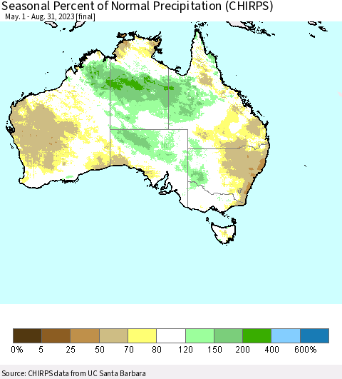 Australia Seasonal Percent of Normal Precipitation (CHIRPS) Thematic Map For 5/1/2023 - 8/31/2023