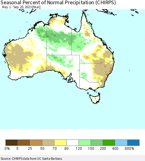 Australia Seasonal Percent of Normal Precipitation (CHIRPS) Thematic Map For 5/1/2023 - 9/20/2023