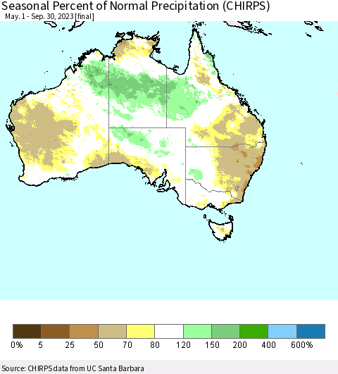Australia Seasonal Percent of Normal Precipitation (CHIRPS) Thematic Map For 5/1/2023 - 9/30/2023