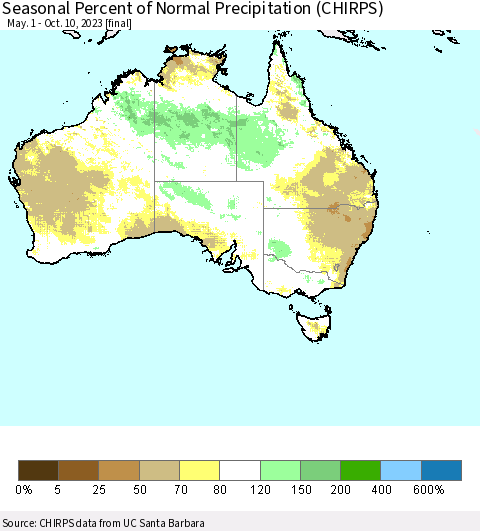 Australia Seasonal Percent of Normal Precipitation (CHIRPS) Thematic Map For 5/1/2023 - 10/10/2023