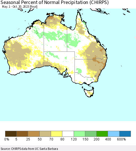 Australia Seasonal Percent of Normal Precipitation (CHIRPS) Thematic Map For 5/1/2023 - 10/20/2023