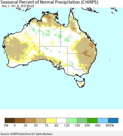 Australia Seasonal Percent of Normal Precipitation (CHIRPS) Thematic Map For 5/1/2023 - 10/31/2023