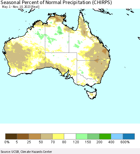 Australia Seasonal Percent of Normal Precipitation (CHIRPS) Thematic Map For 5/1/2023 - 11/10/2023