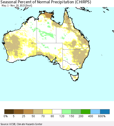 Australia Seasonal Percent of Normal Precipitation (CHIRPS) Thematic Map For 5/1/2023 - 11/20/2023