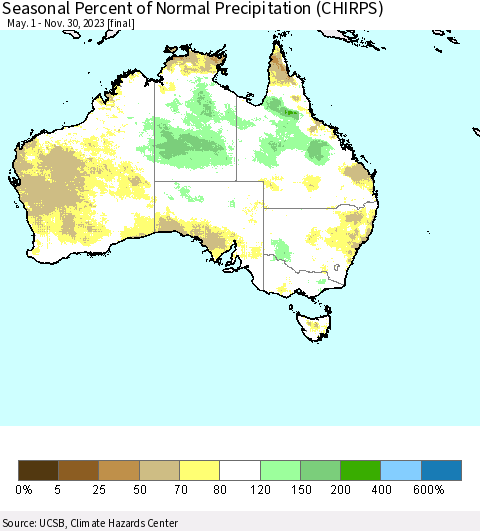 Australia Seasonal Percent of Normal Precipitation (CHIRPS) Thematic Map For 5/1/2023 - 11/30/2023