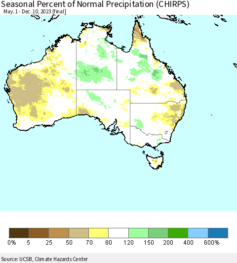 Australia Seasonal Percent of Normal Precipitation (CHIRPS) Thematic Map For 5/1/2023 - 12/10/2023