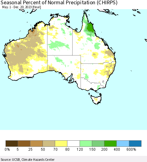 Australia Seasonal Percent of Normal Precipitation (CHIRPS) Thematic Map For 5/1/2023 - 12/20/2023