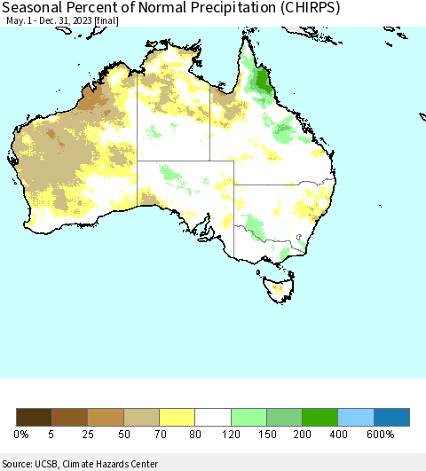 Australia Seasonal Percent of Normal Precipitation (CHIRPS) Thematic Map For 5/1/2023 - 12/31/2023