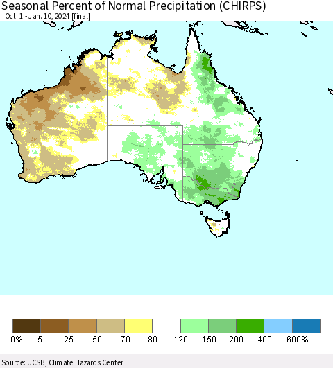 Australia Seasonal Percent of Normal Precipitation (CHIRPS) Thematic Map For 10/1/2023 - 1/10/2024