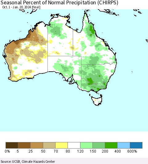 Australia Seasonal Percent of Normal Precipitation (CHIRPS) Thematic Map For 10/1/2023 - 1/20/2024