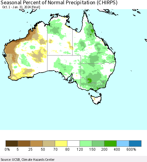 Australia Seasonal Percent of Normal Precipitation (CHIRPS) Thematic Map For 10/1/2023 - 1/31/2024