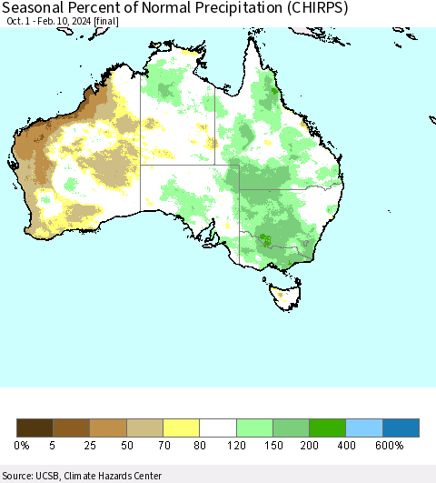 Australia Seasonal Percent of Normal Precipitation (CHIRPS) Thematic Map For 10/1/2023 - 2/10/2024