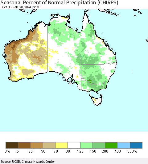 Australia Seasonal Percent of Normal Precipitation (CHIRPS) Thematic Map For 10/1/2023 - 2/20/2024