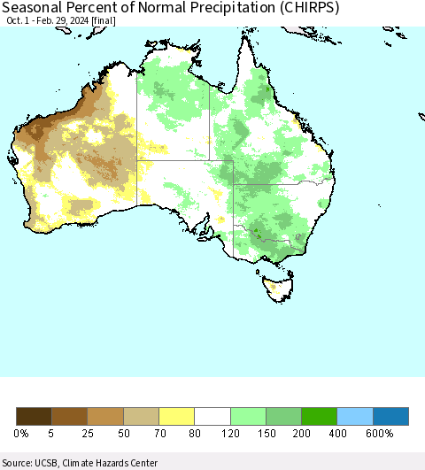 Australia Seasonal Percent of Normal Precipitation (CHIRPS) Thematic Map For 10/1/2023 - 2/29/2024