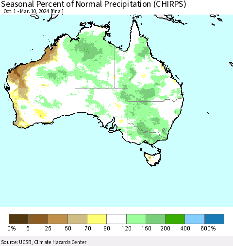Australia Seasonal Percent of Normal Precipitation (CHIRPS) Thematic Map For 10/1/2023 - 3/10/2024