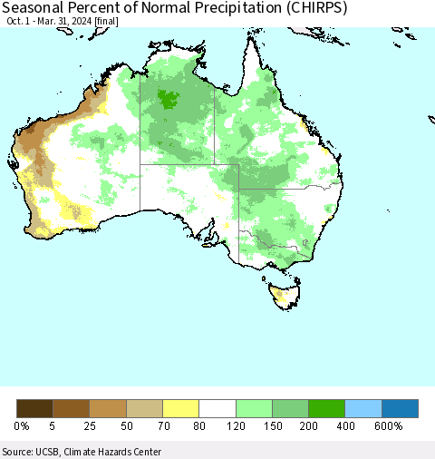 Australia Seasonal Percent of Normal Precipitation (CHIRPS) Thematic Map For 10/1/2023 - 3/31/2024