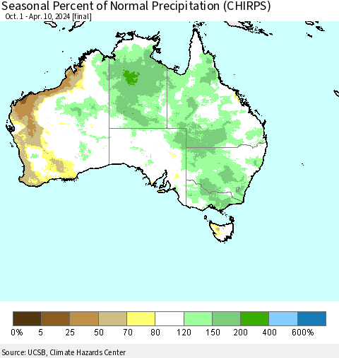 Australia Seasonal Percent of Normal Precipitation (CHIRPS) Thematic Map For 10/1/2023 - 4/10/2024
