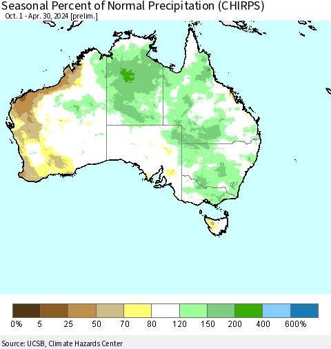 Australia Seasonal Percent of Normal Precipitation (CHIRPS) Thematic Map For 10/1/2023 - 4/30/2024
