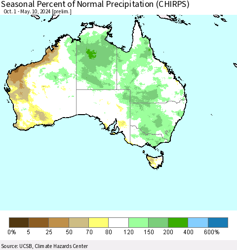 Australia Seasonal Percent of Normal Precipitation (CHIRPS) Thematic Map For 10/1/2023 - 5/10/2024