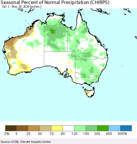 Australia Seasonal Percent of Normal Precipitation (CHIRPS) Thematic Map For 10/1/2023 - 5/20/2024