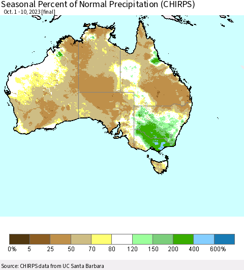 Australia Seasonal Percent of Normal Precipitation (CHIRPS) Thematic Map For 10/1/2023 - 10/10/2023