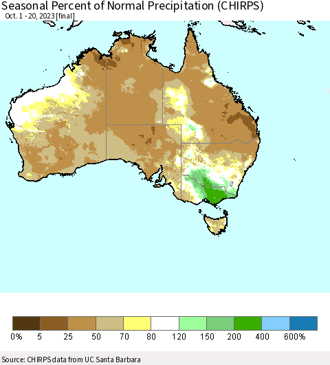 Australia Seasonal Percent of Normal Precipitation (CHIRPS) Thematic Map For 10/1/2023 - 10/20/2023