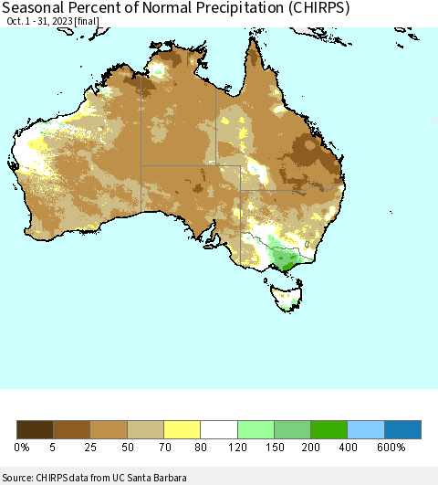 Australia Seasonal Percent of Normal Precipitation (CHIRPS) Thematic Map For 10/1/2023 - 10/31/2023
