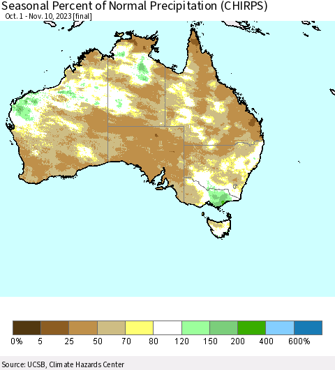 Australia Seasonal Percent of Normal Precipitation (CHIRPS) Thematic Map For 10/1/2023 - 11/10/2023