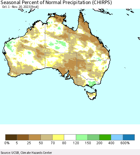 Australia Seasonal Percent of Normal Precipitation (CHIRPS) Thematic Map For 10/1/2023 - 11/20/2023