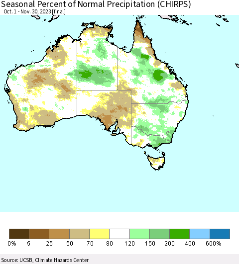 Australia Seasonal Percent of Normal Precipitation (CHIRPS) Thematic Map For 10/1/2023 - 11/30/2023