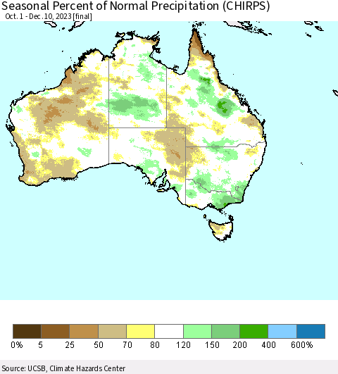 Australia Seasonal Percent of Normal Precipitation (CHIRPS) Thematic Map For 10/1/2023 - 12/10/2023
