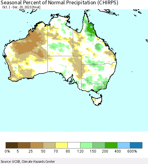 Australia Seasonal Percent of Normal Precipitation (CHIRPS) Thematic Map For 10/1/2023 - 12/20/2023