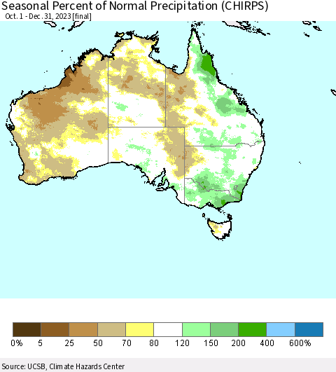 Australia Seasonal Percent of Normal Precipitation (CHIRPS) Thematic Map For 10/1/2023 - 12/31/2023