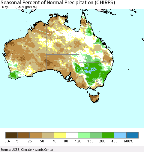 Australia Seasonal Percent of Normal Precipitation (CHIRPS) Thematic Map For 5/1/2024 - 5/10/2024