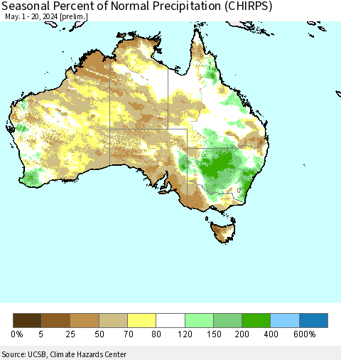 Australia Seasonal Percent of Normal Precipitation (CHIRPS) Thematic Map For 5/1/2024 - 5/20/2024