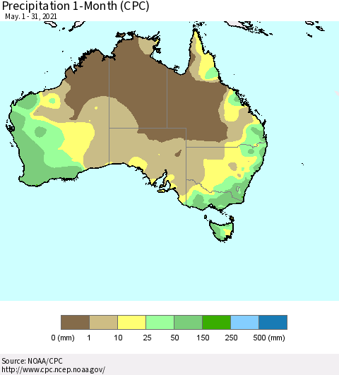 Australia Precipitation 1-Month (CPC) Thematic Map For 5/1/2021 - 5/31/2021