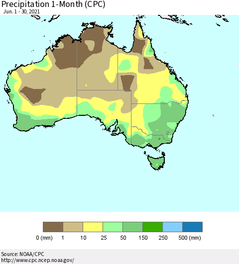 Australia Precipitation 1-Month (CPC) Thematic Map For 6/1/2021 - 6/30/2021